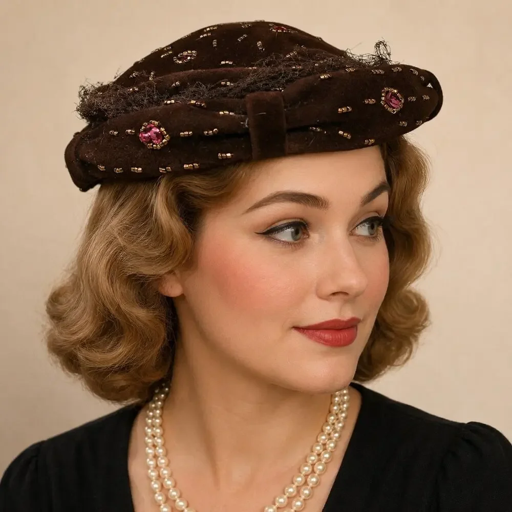 Vintage 40s 50s Brown Felt Hat w Beads Sequins Doyle-Knower Co Utica NY- Hey Viv - Picture 2 of 9